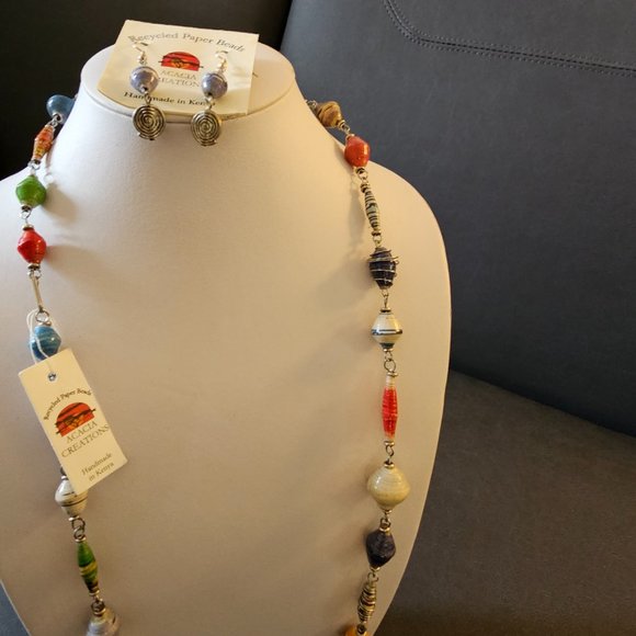 New Recycled Paper Beads Acacia Creation Artisan Necklace Earings Studio Kenya - Picture 6 of 14